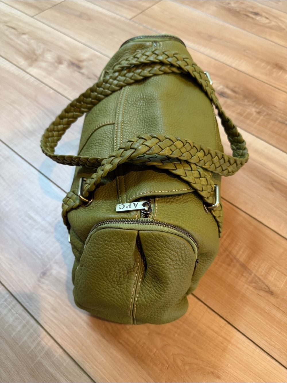 A.P.C Pebbled Leather Olive Green Braided-Handle Leather Satchel